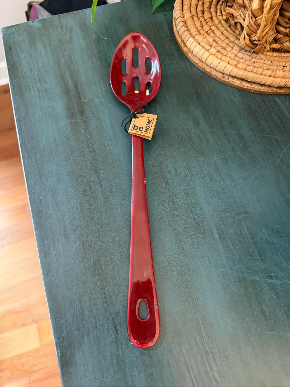 Be Home Magnolia Red Enamel Slotted Serving Spoon 13” Kitchen Utensil NWT